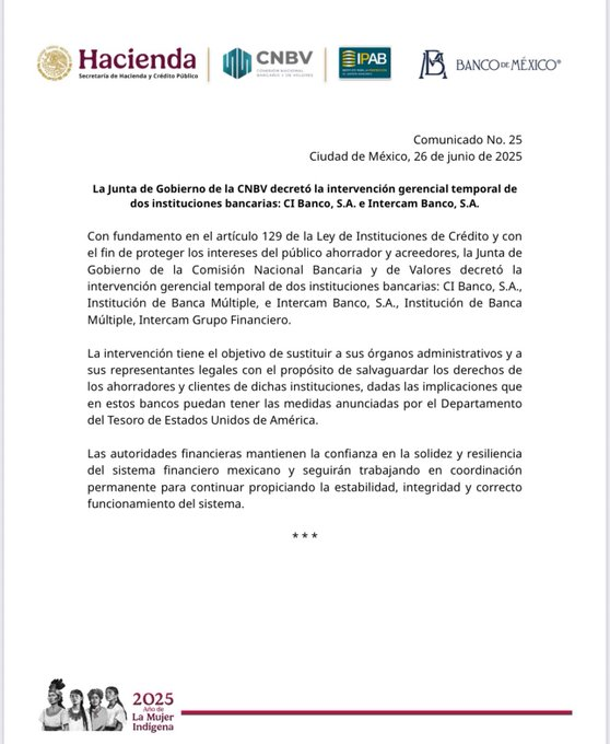 CNBV toma control de CIBanco e Intercam tras acusación de EU