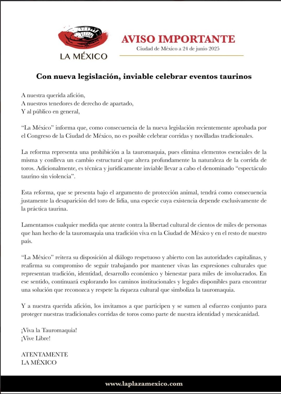 Plaza México comunicado