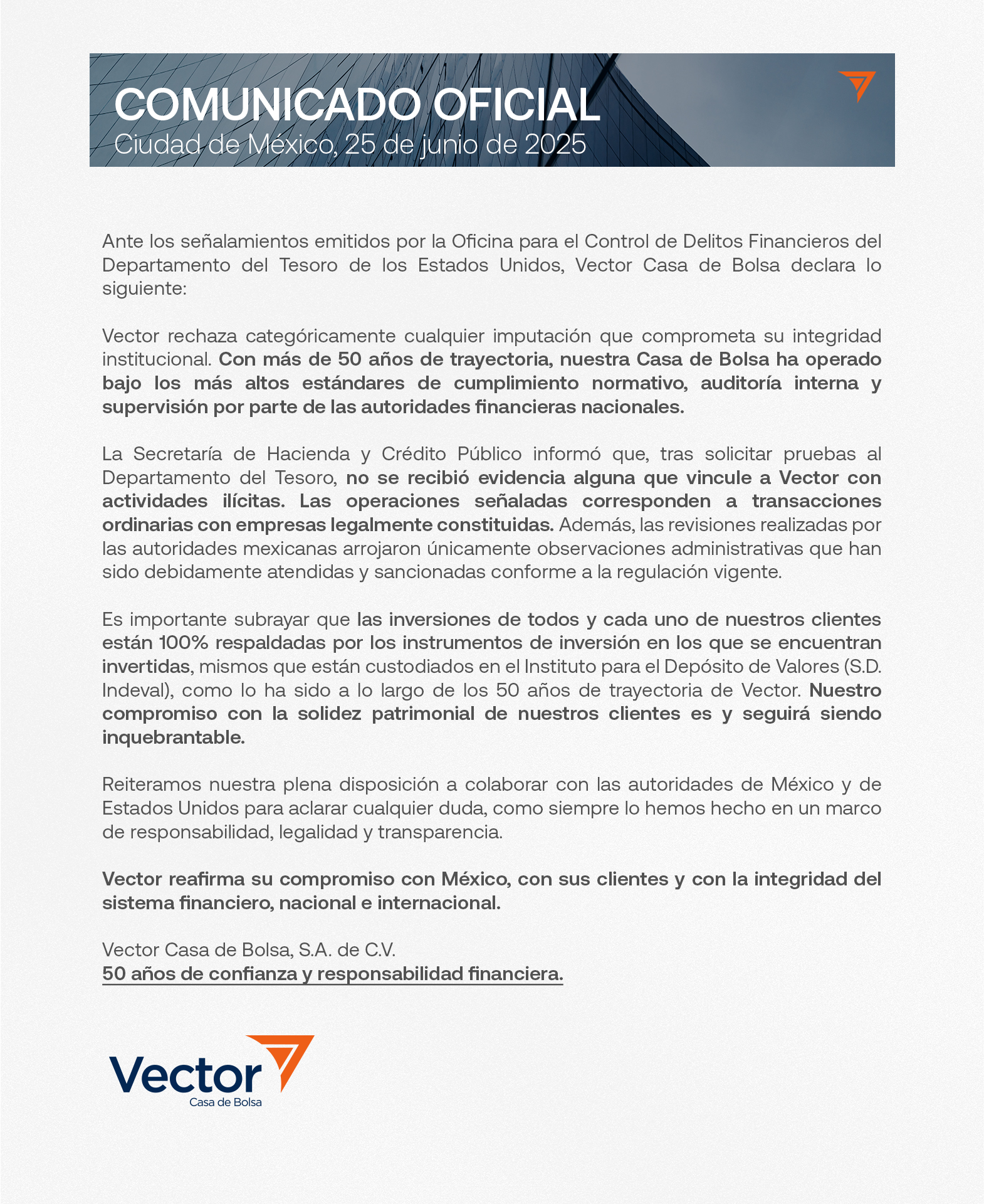 Vector Casa de Bolsa rechaza señalamientos del Tesoro de EU