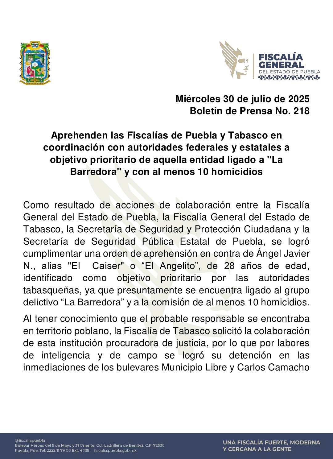 Puebla y Tabasco detienen a El Caiser