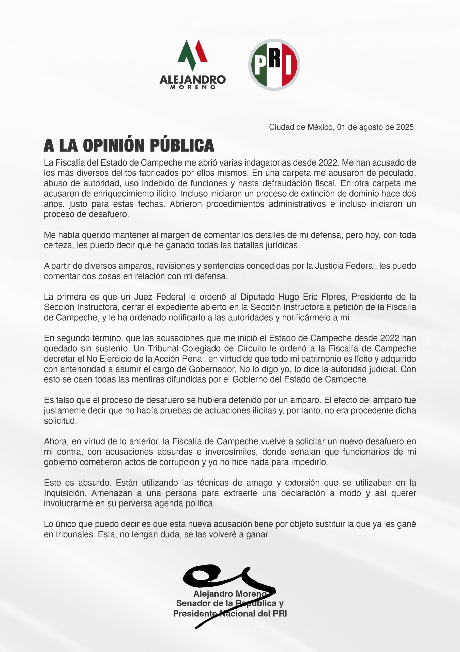 Alito responde a Fiscalía de Campeche por proceso de desafuero