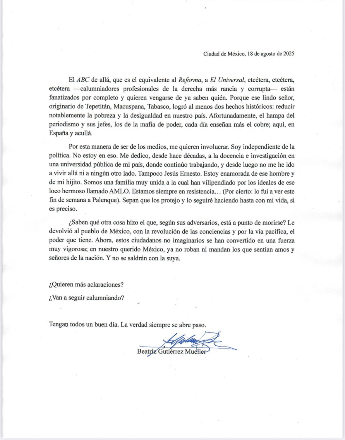 Beatriz Gutiérrez responde a calumnias de ABC
