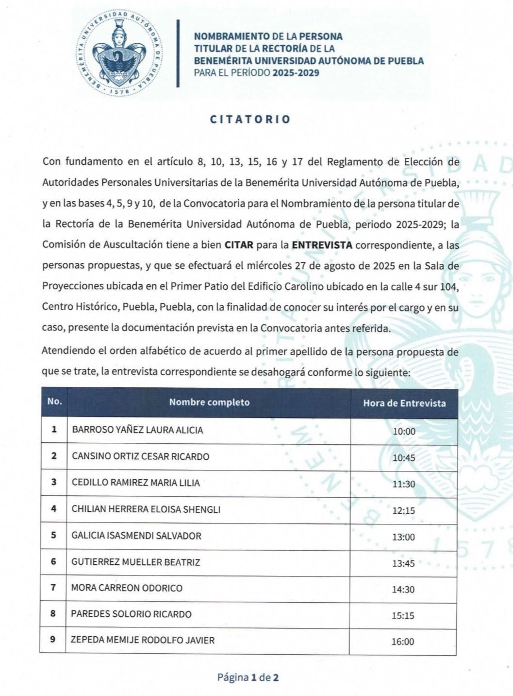 Candidatos a la rectoría de la BUAP