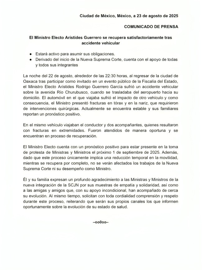 Comunicado de arístides Guerrero tras accidente