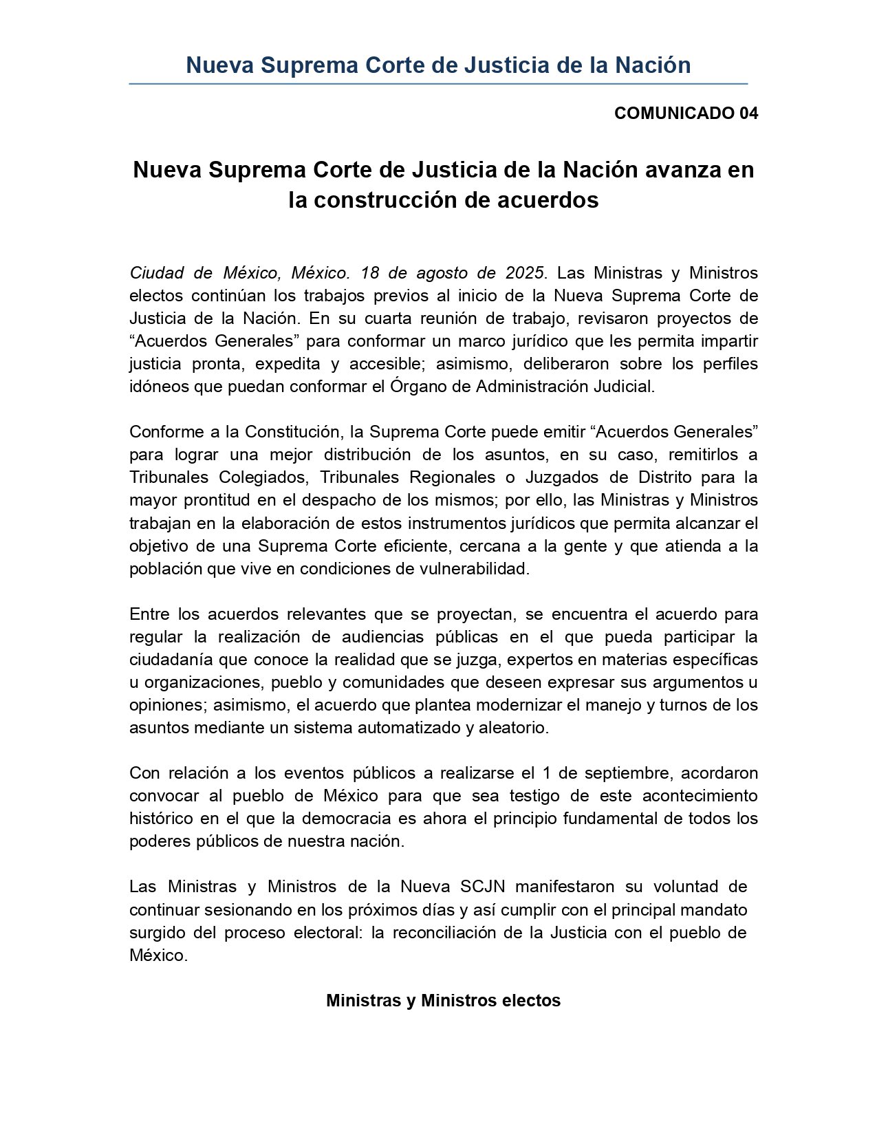 Comunicado ministros electos
