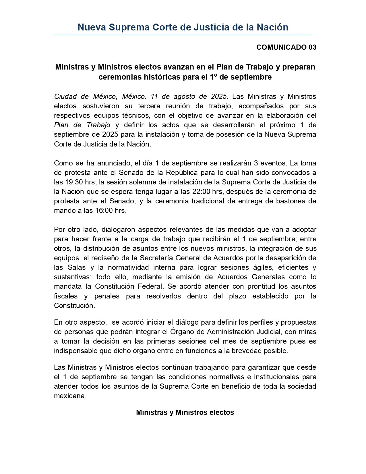 Comunicado ministros electos