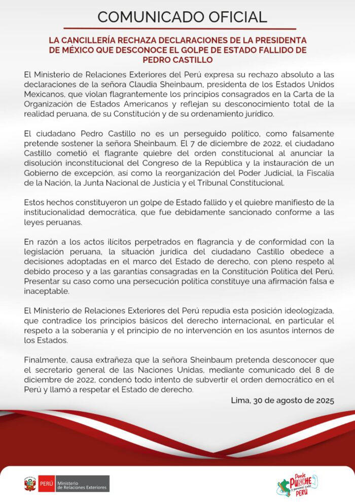 Comunicado Perú contra Sheinbaum