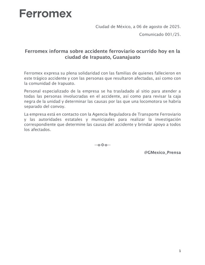 Ferromex de Grupo México lamenta accidentes