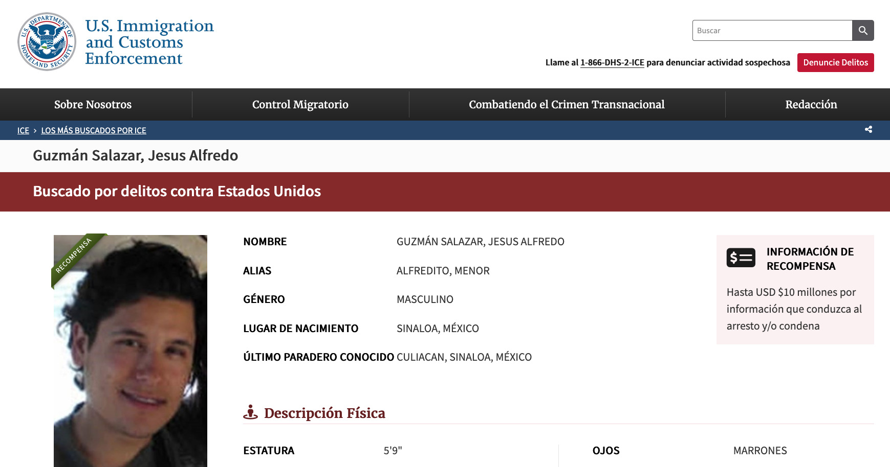 ICE ofrece 10 mdd de recompensa por Alfredo Guzmán