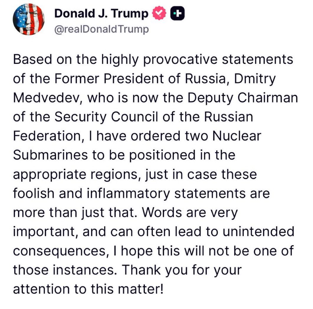 Trump despliega submarinos nucleares ante amenazas de Rusia