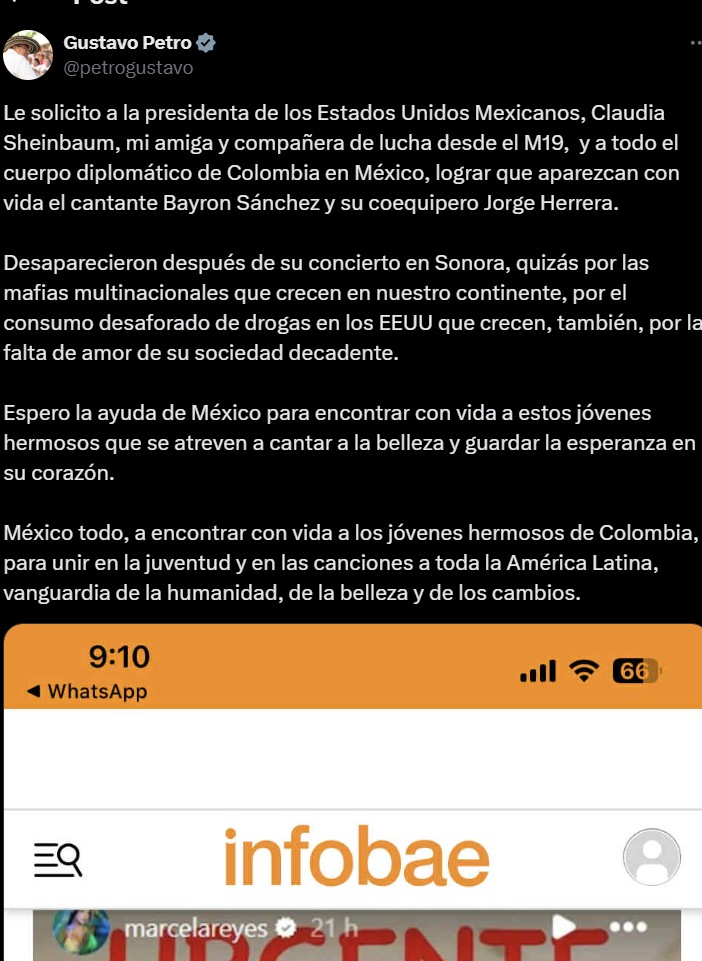 Gustavo Petro solicita ayuda a Sheinbaum para localizar a artistas colombianos