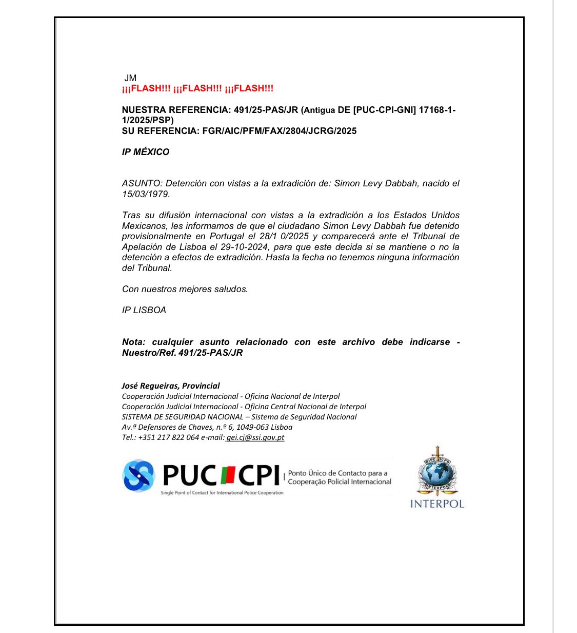 Comunicado Interpol Simón Levy