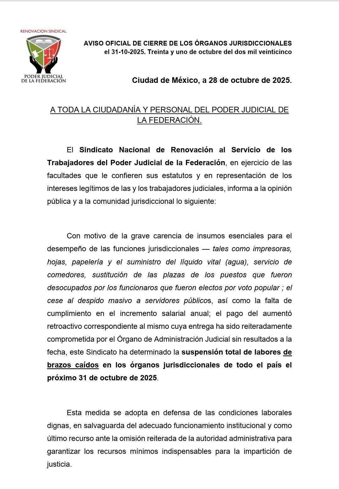 Comunicado sindicato Poder Judicial