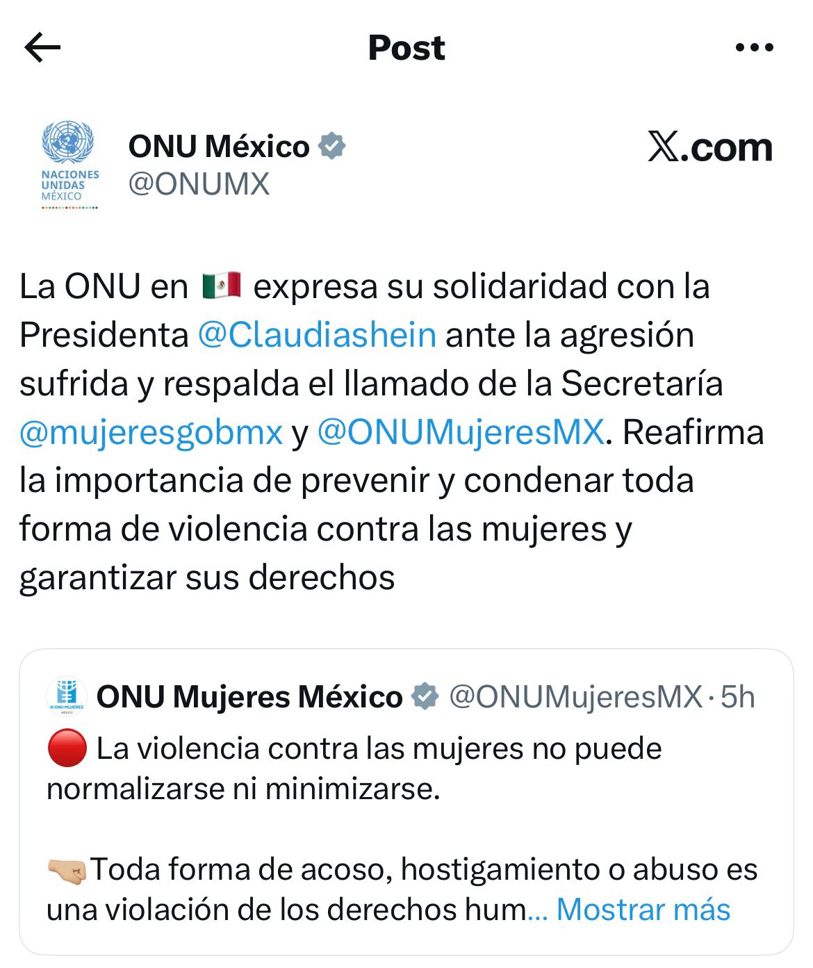 ONU Mujeres condena episodio de acoso que sufrió Sheinbaum