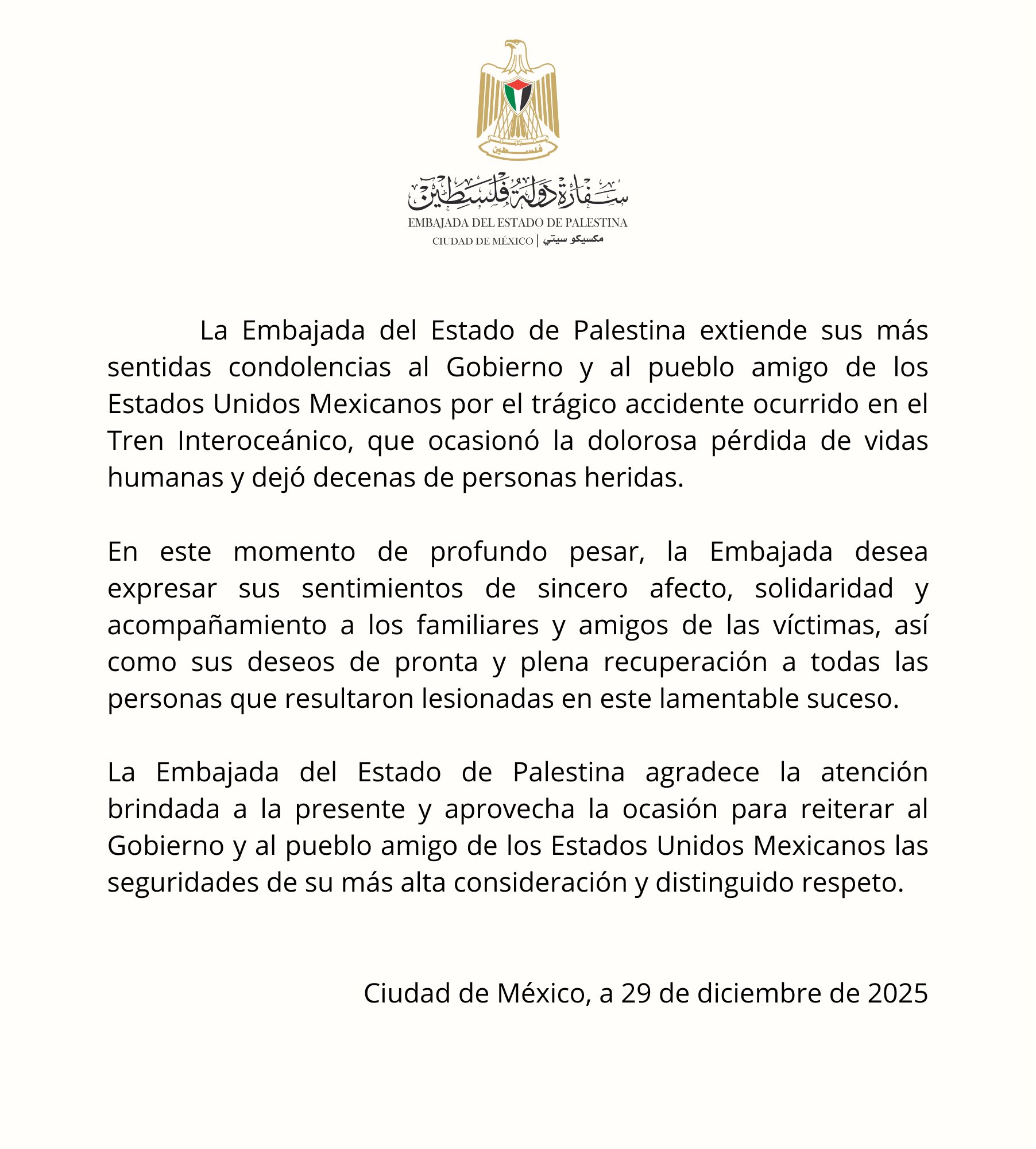 Comunicado Embajada Palestina en México