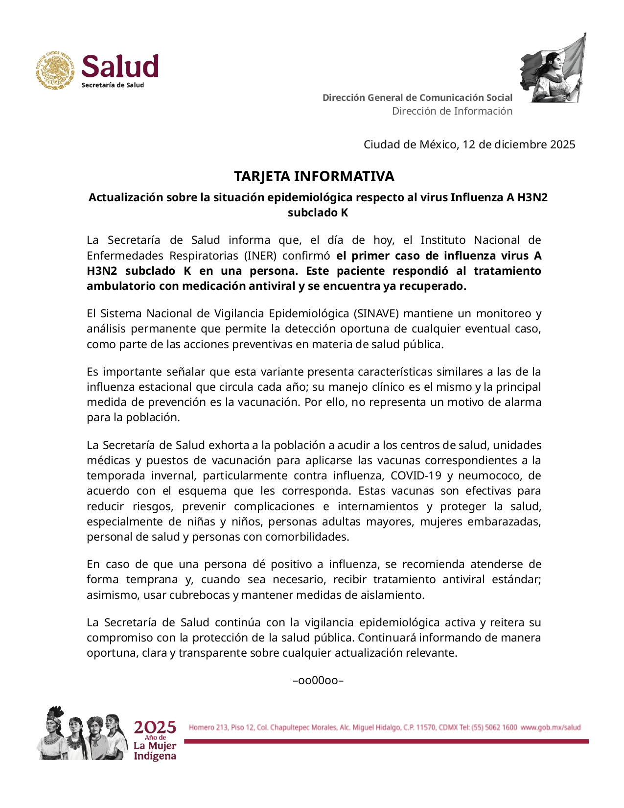 Confirman primer caso de influenza A H3N2 en México