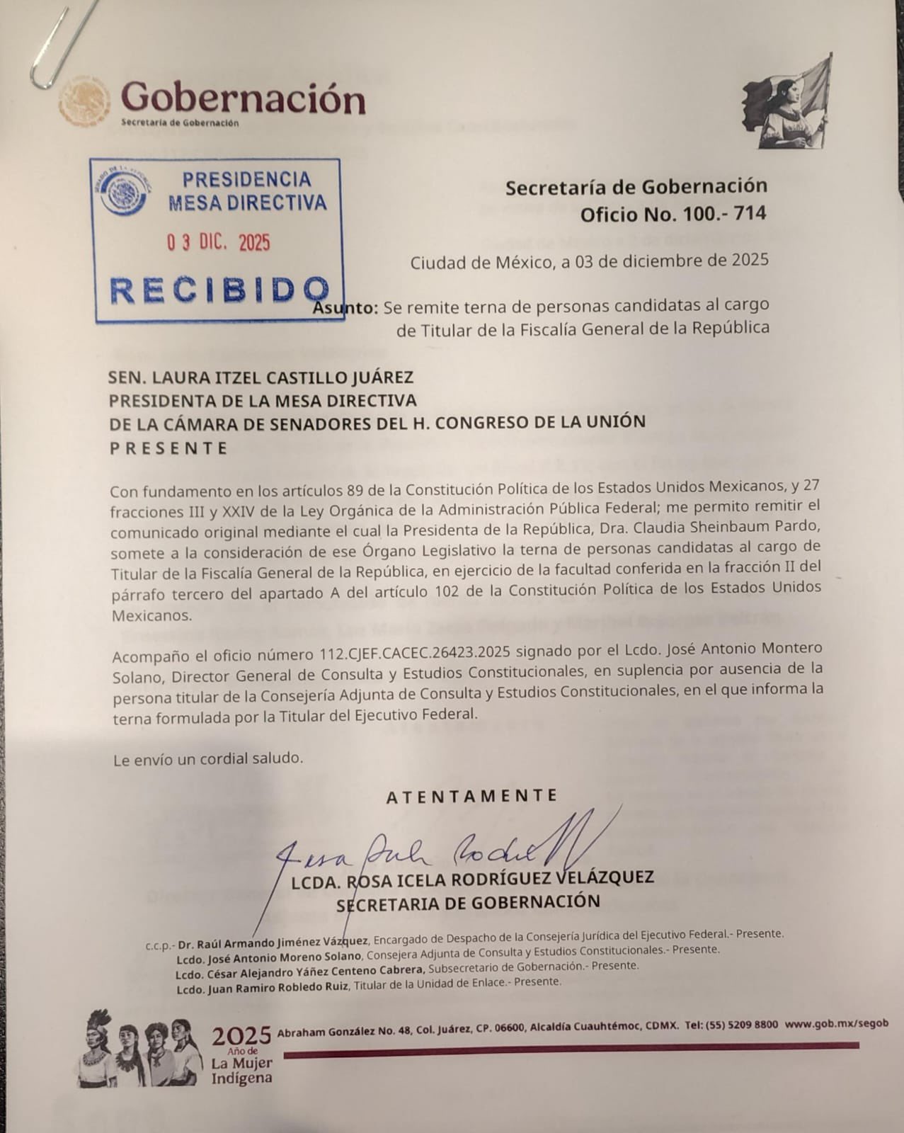Sheinbaum envía a Senado terna de FGR