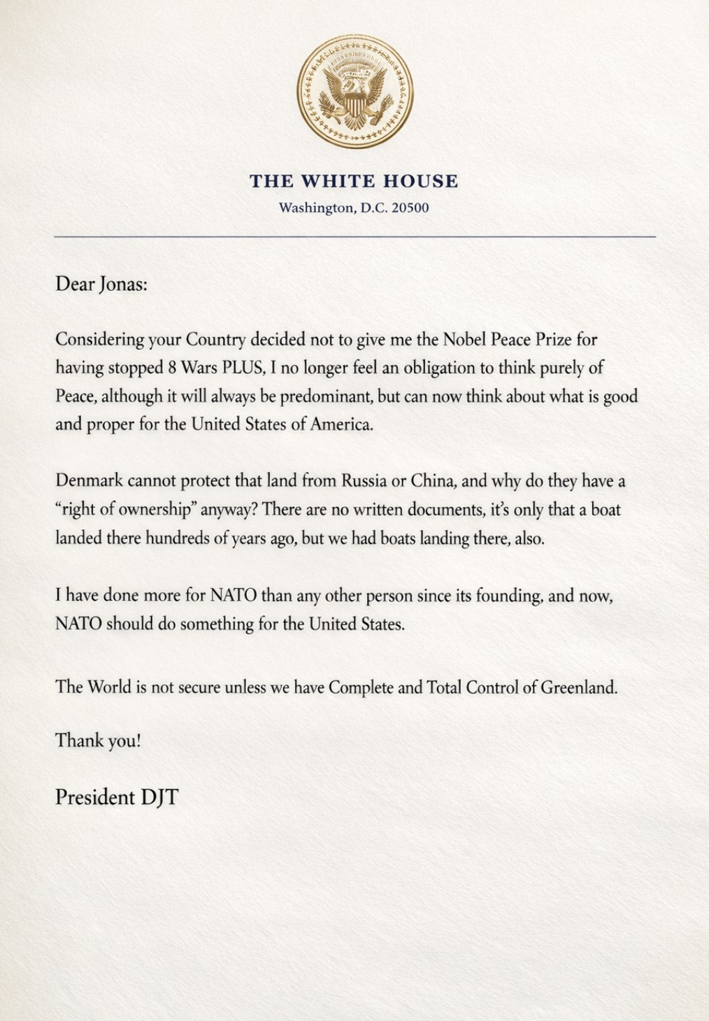 Carta de Trump a Noruega