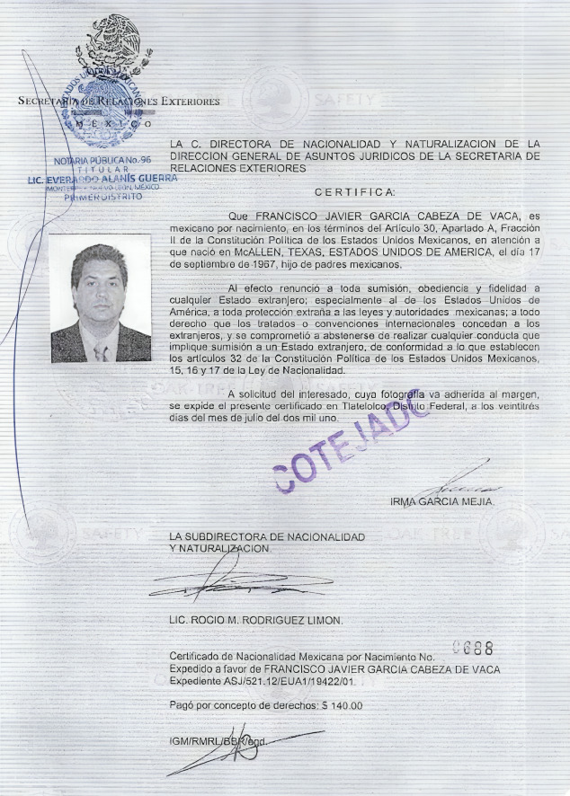 Cabeza de Vaca renunció a protección de EU en 2021