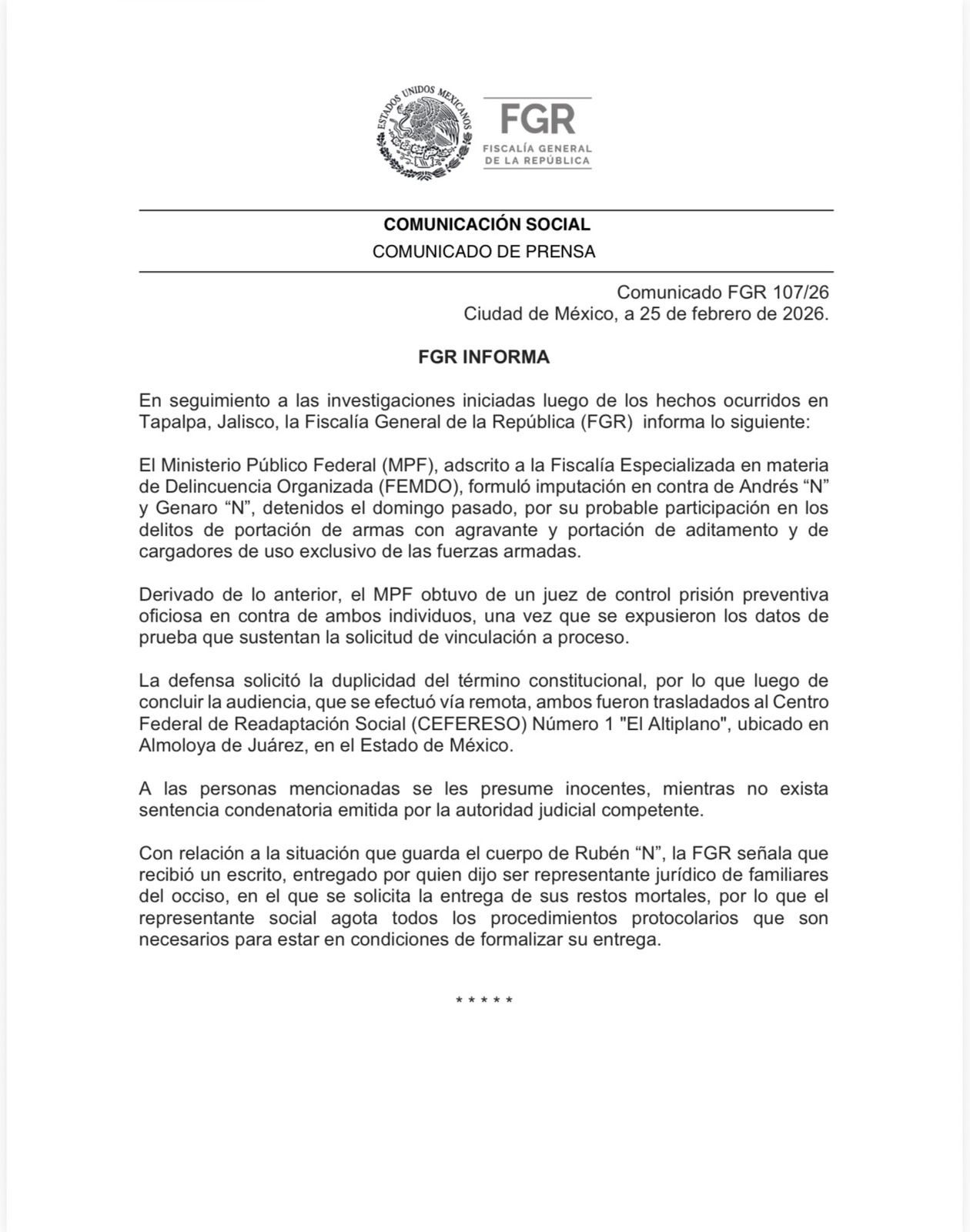 FGR imputa a 2 detenidos en operativo contra El Mencho