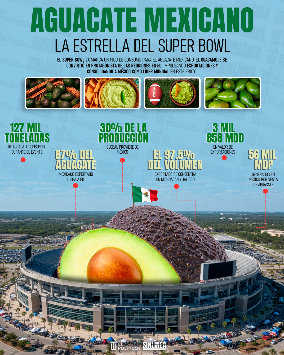 Infografía el aguacate mexicano: estrella del Super Bowl 2026