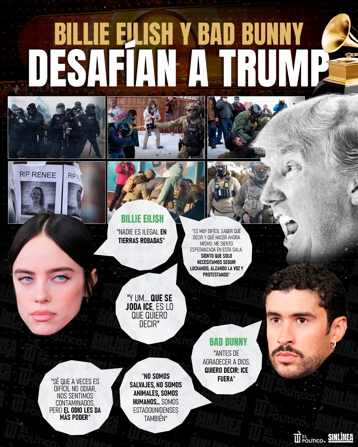 Infografía Grammy 2026: Billie Eilish y Bad Bunny contra ICE