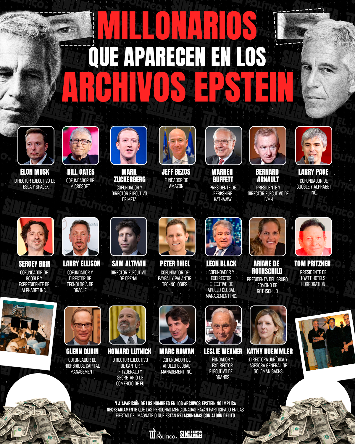 Infografía los millonarios que aparecen en los archivos de Jeffrey Epstein 