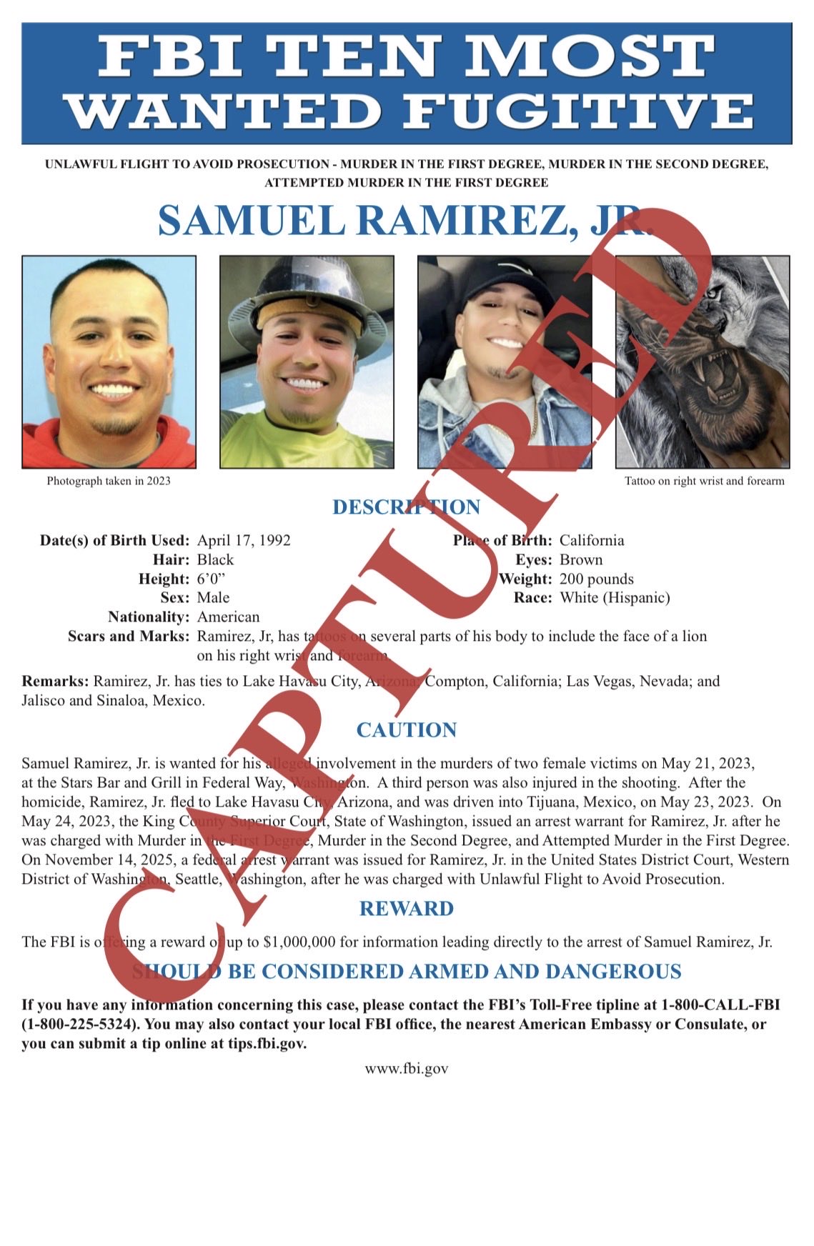 Capturan a Samuel Ramírez Jr, hombre buscado por el FBI