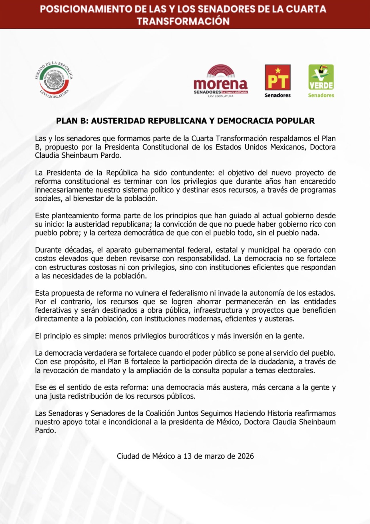 Morena, PT y Verde concretan alianza para Plan B