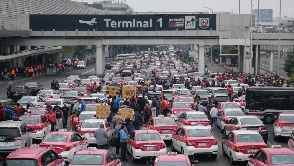 Taxistas protestan contra apps bloqueando accesos al AICM