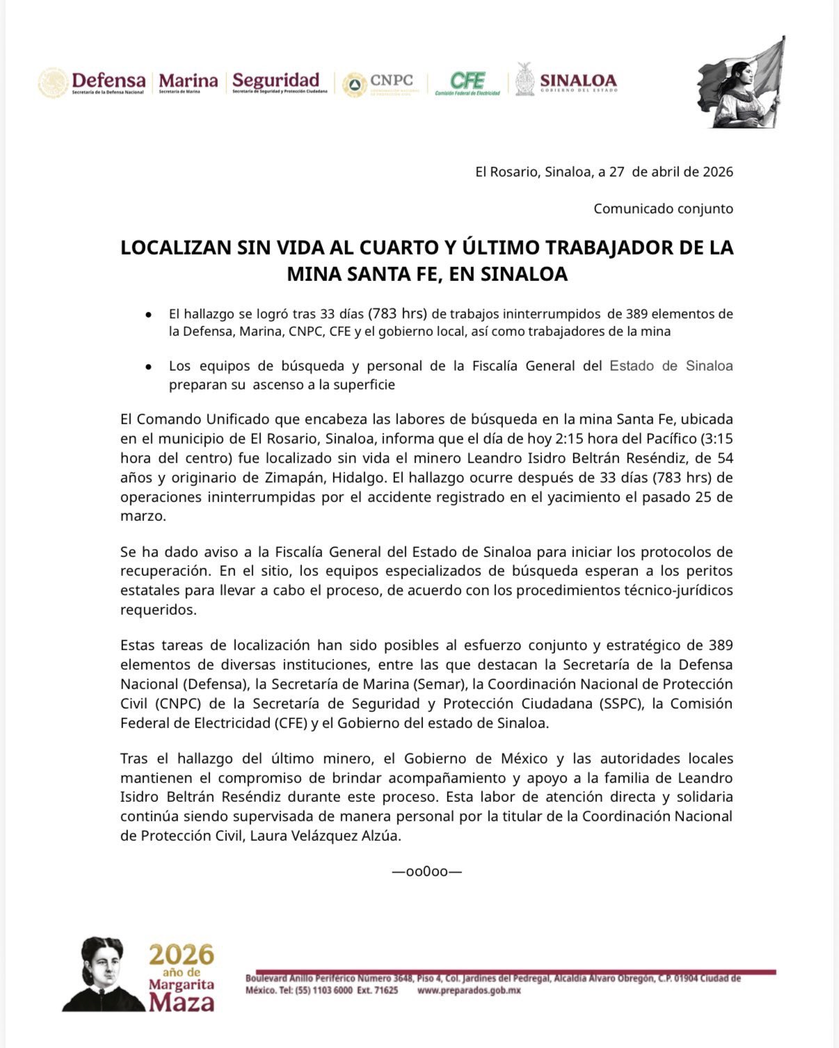 Informe sobre hallazgo de cuarto minero en Sinaloa