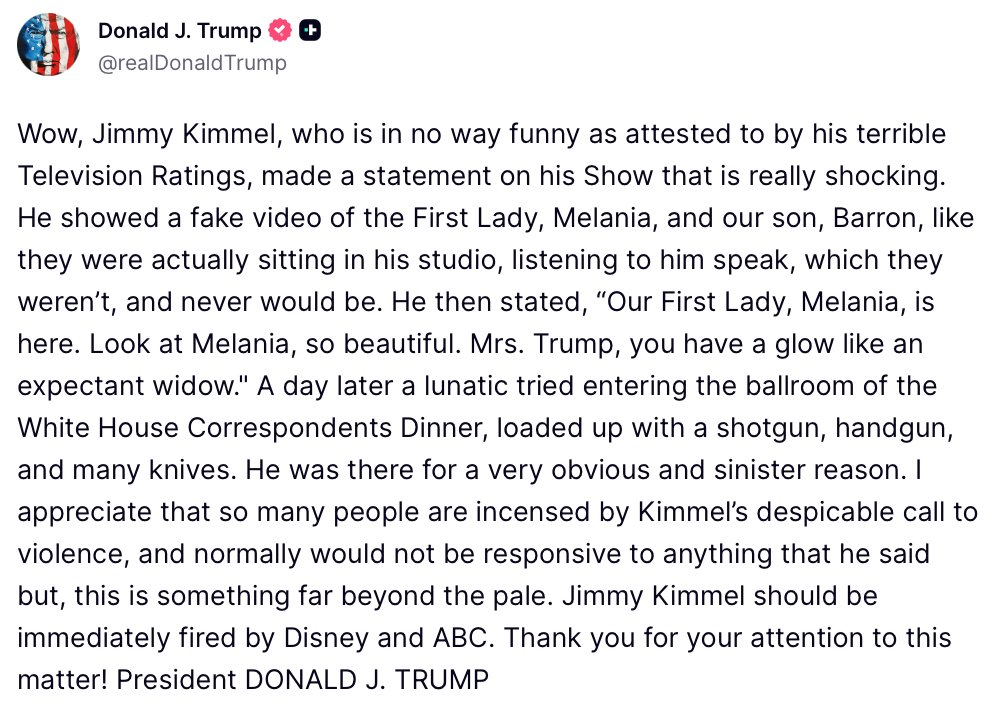 Trump arremete contra Jimmy Kimmel y exige despido inmediato