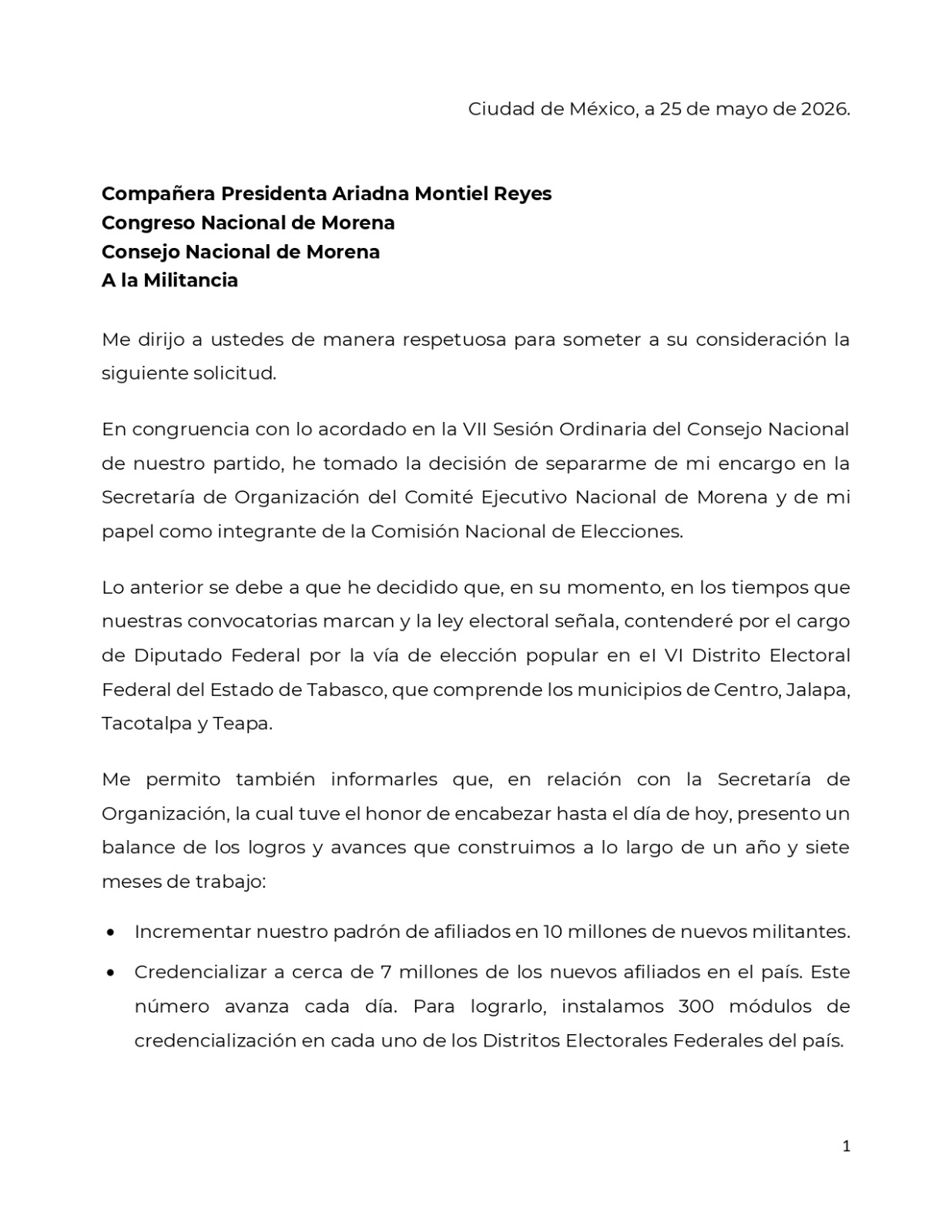 Andrés Manuel López destaca sus logros en Morena