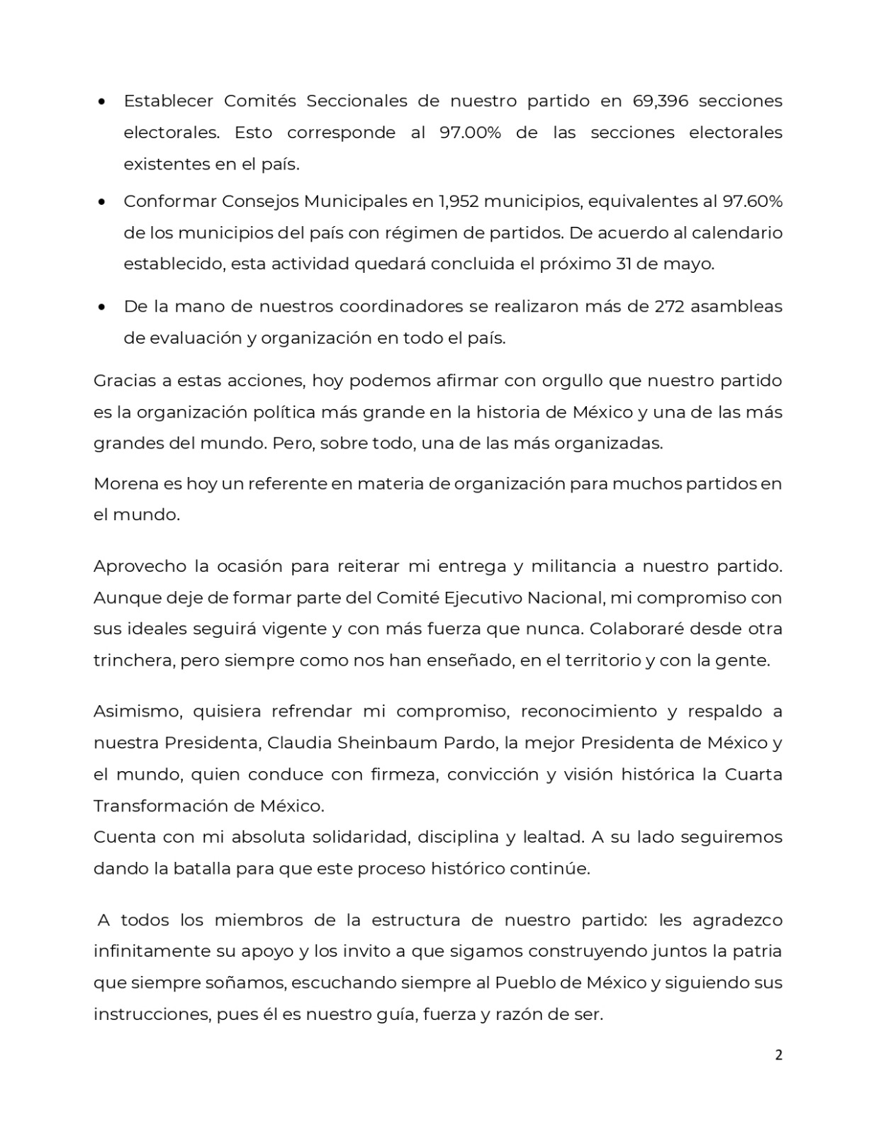 Andrés Manuel López destaca sus logros en Morena