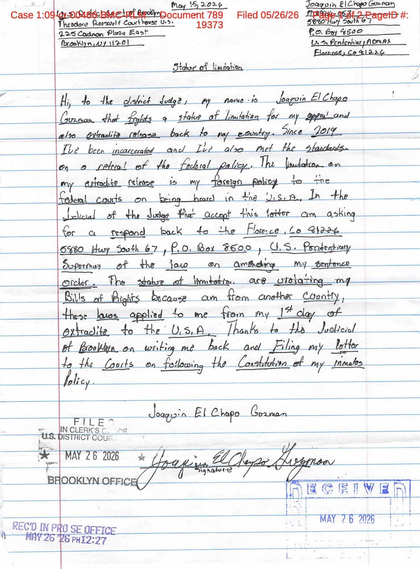 El Chapo Guzmán envía carta número 11 a Corte de Nueva York