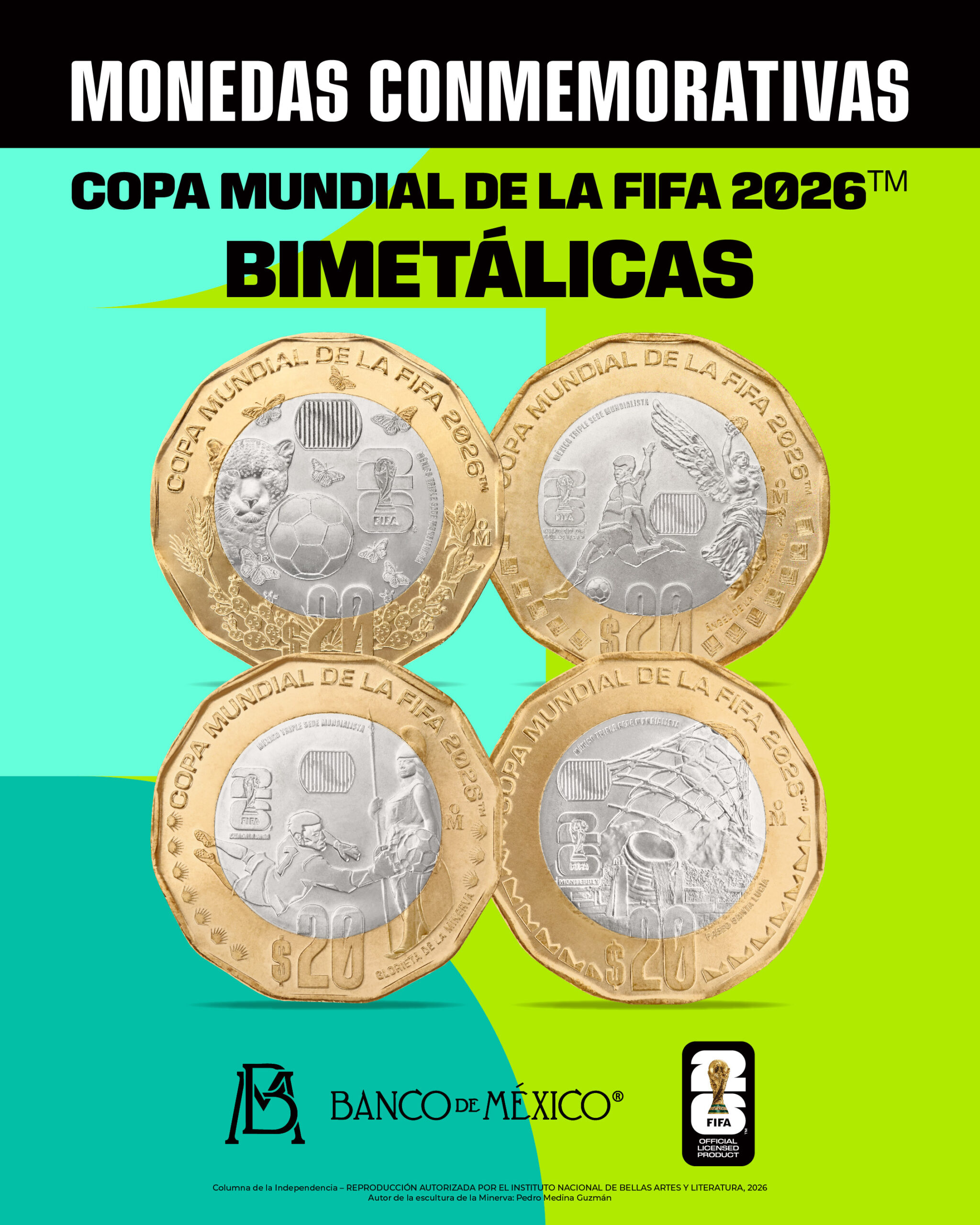 Características de las 12 monedas del Mundial 2026 de Banxico
