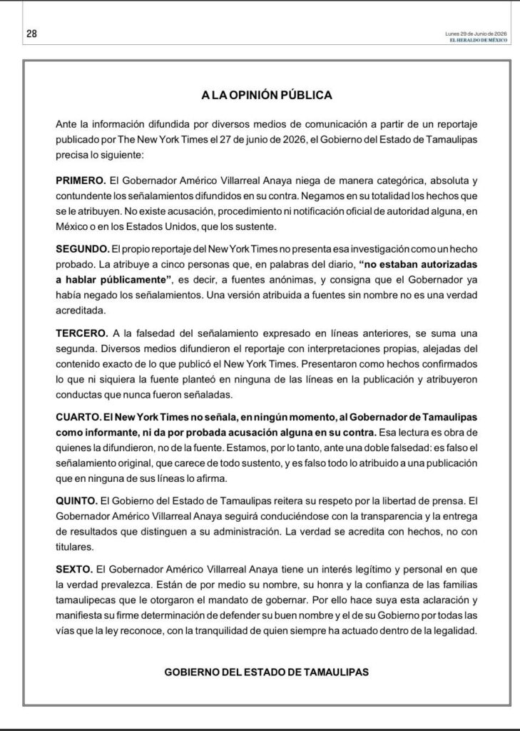 comunicado Gobierno de Tamaulipas