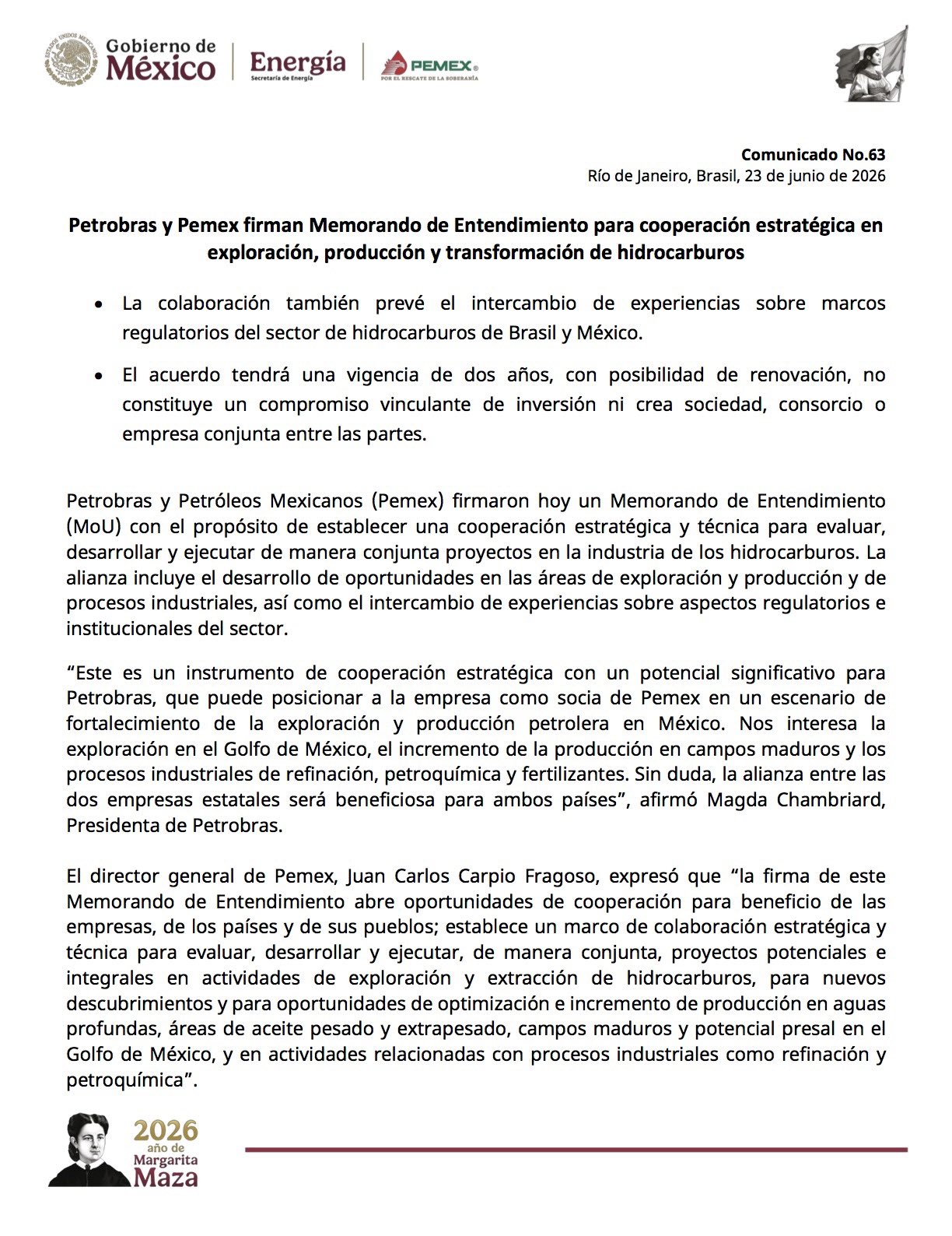 Pemex y Petrobras firman acuerdo de cooperación estratégica en hidrocarburos