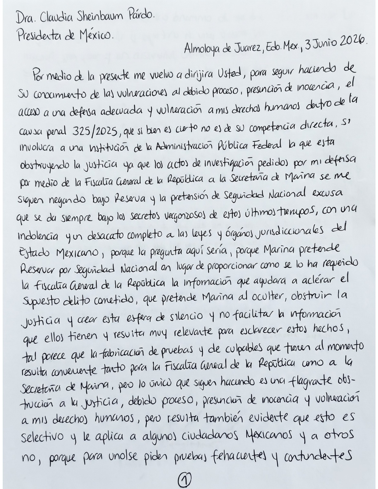 Farías Laguna envió su sexta carta a Sheinbaum