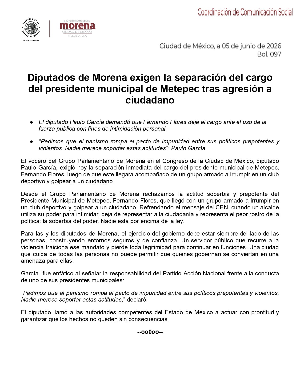 Morena exige destitución de Fernando Flores en Metepec