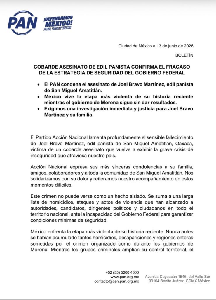 PAN condena asesinato de alcalde de San Miguel Amatitlán