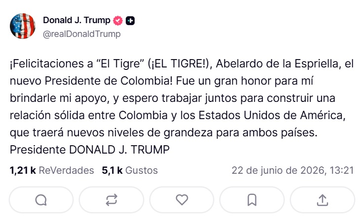 Trump celebra triunfo de De la Espriella
