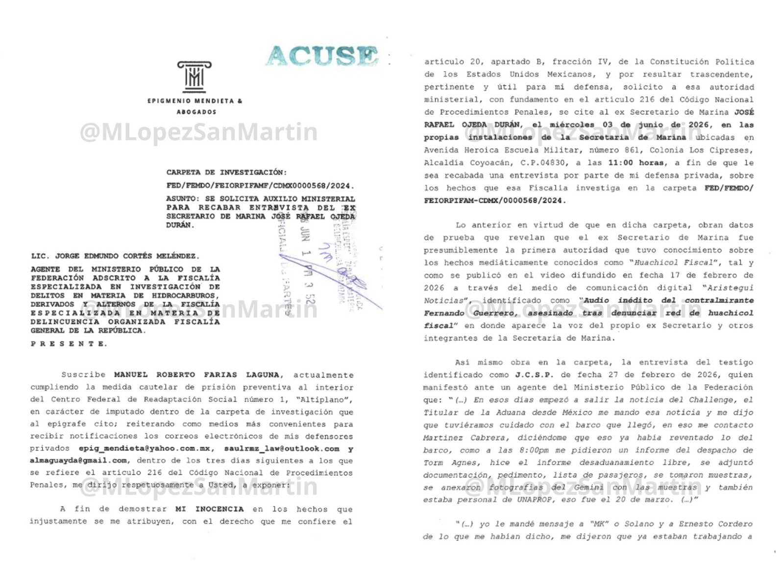 Farías Laguna pide citar a declarar a exsecretario Rafael Ojeda