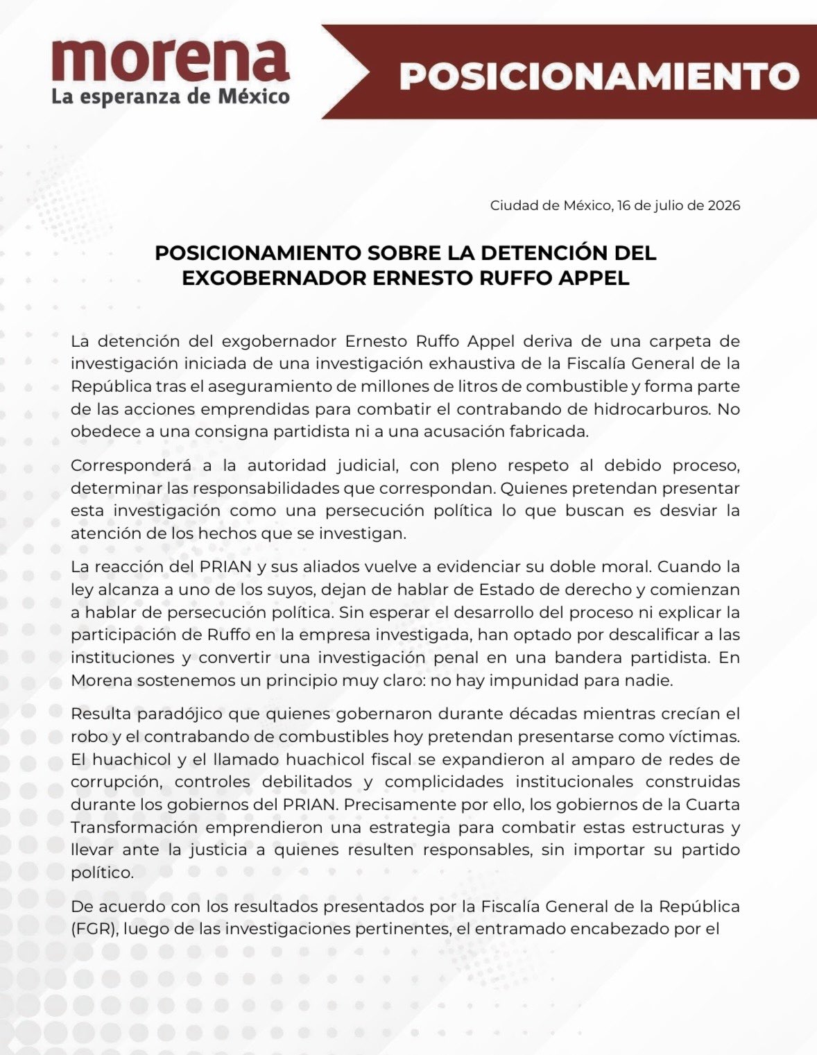 Comunicado de Morena sobre Ruffo