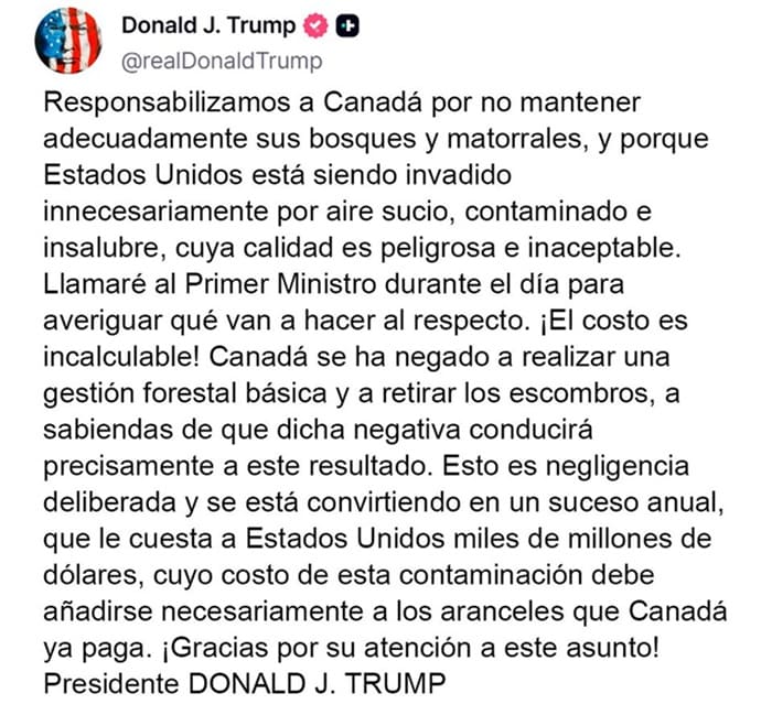 Trump amenaza con imponer aranceles a Canadá por incendios
